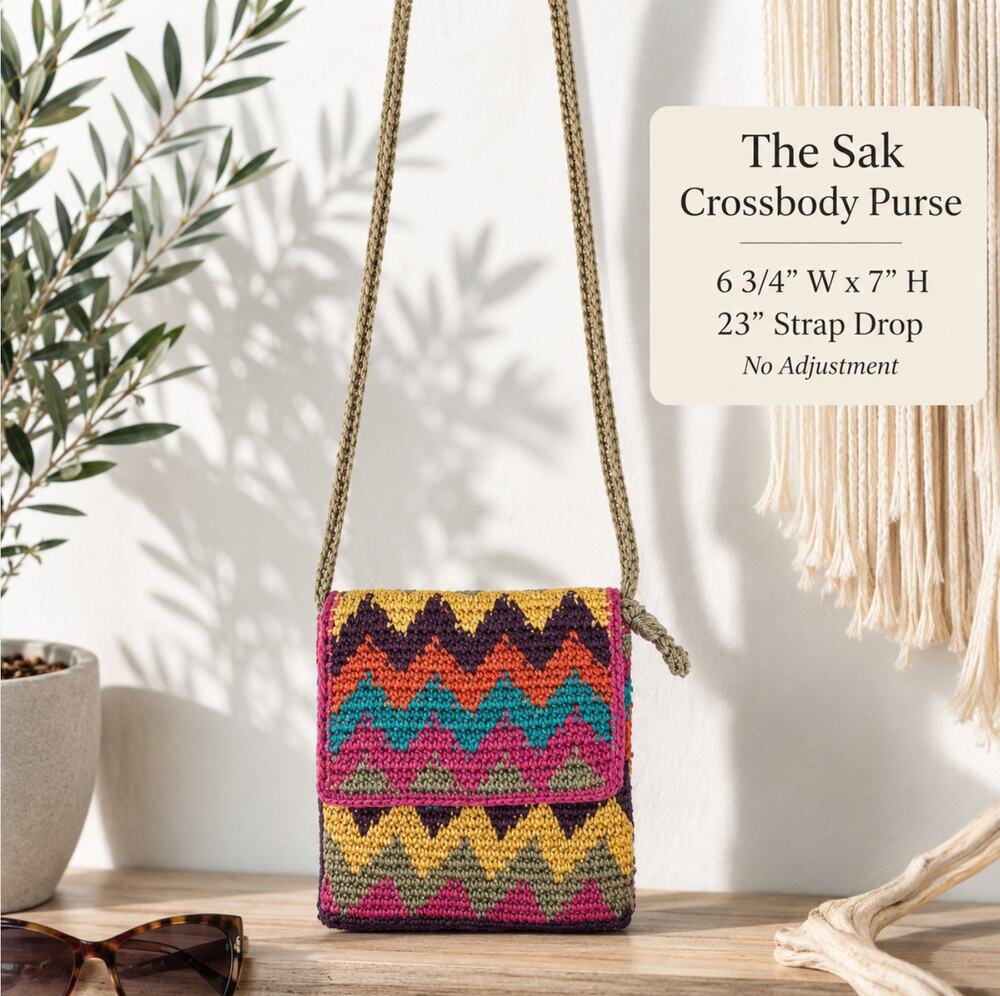 The Sak Woven Crochet Crossbody Bag Multicolor Chevron Boho Festival Purse